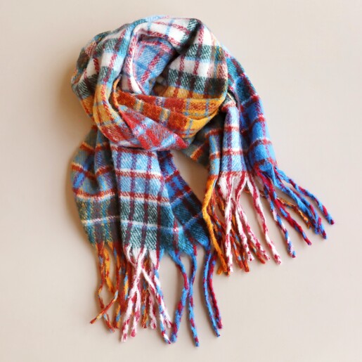 Mustard and Blue Tartan Winter Scarf Mustard and Blue Tartan Winter Scarf on neutral coloured material