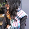 Mustard and Blue Tartan Winter Scarf on model smiling looking to side