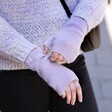Model wearing the lilac Personalised Embroidered Hand Warmers