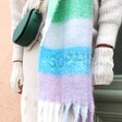 Close up of Sophia personalisation on Personalised Pastel Bright Block Winter Scarf on model
