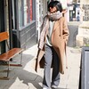 Tan Tartan Winter Scarf on Model Walking down Street