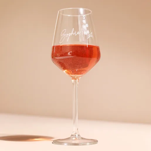 Personalised Birth Flower Wine Glass full of rose wine