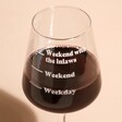 Close up of engraved Personalised Measure Wine Glass