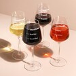 Group shot of Personalised Measure Wine Glasses with different wines inside