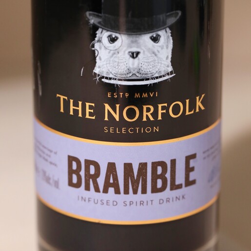 Close Up of Bottle Close up on front of 500ml The English Distillery Norfolk Bramble Liqueur bottle