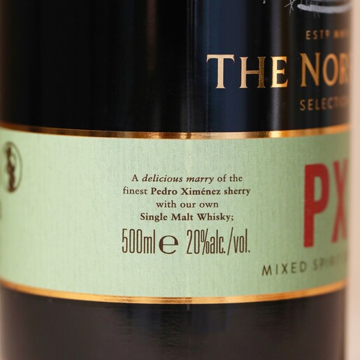 Close Up of Side Close up of side of 500ml The English Distillery Norfolk PX Mixed Spirit Liqueur bottle