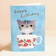 Ohh Deer Teacup Kitten Birthday Card standing on beige surface