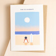 Ohh Deer Time To Celebrate Surfer Greeting Card on Beige Surface