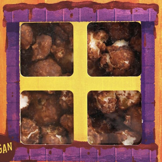 Close up of popcorn inside Popcorn Shed Chocolate Orange Gourmet Popcorn packaging