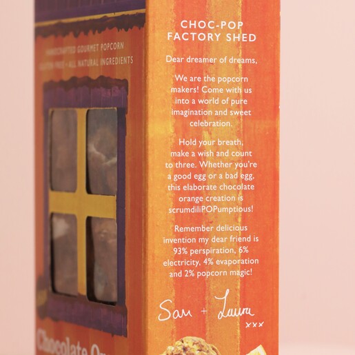 Side of Popcorn Shed Chocolate Orange Gourmet Popcorn packaging