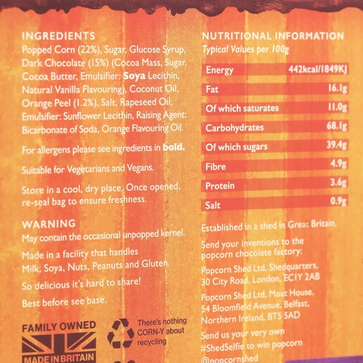 Close up of ingredients on back of Popcorn Shed Chocolate Orange Gourmet Popcorn packaging