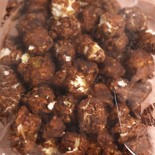 Close up of popcorn from Popcorn Shed Chocolate Orange Gourmet Popcorn