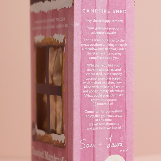 Side of Popcorn Shed Toasted Marshmallow Gourmet Popcorn packaging