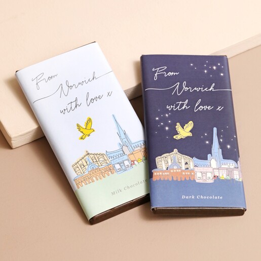 From Norwich With Love Chocolate Bars in Milk and Dark on Beige Surface