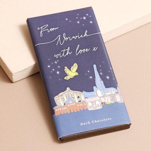 From Norwich With Love Dark Chocolate Bar on Beige Surface