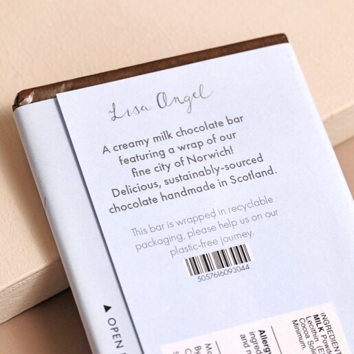 Back of Packaging of From Norwich With Love Milk Chocolate Bar