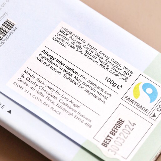 From Norwich With Love Milk Chocolate Bar Ingredients List on Packaging 