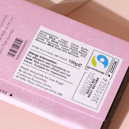 Back of Love You To The North Pole Milk Chocolate Bar packaging showing ingredients list