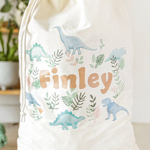 Close up of personalisation on Personalised Dinosaur Large Drawstring Storage Sack