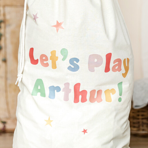 Close up of personalisation onPersonalised Let's Play Large Drawstring Storage Sack