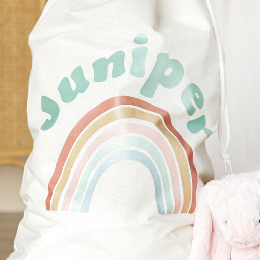 Close up of personalisation on Personalised Rainbow Large Drawstring Storage Sack