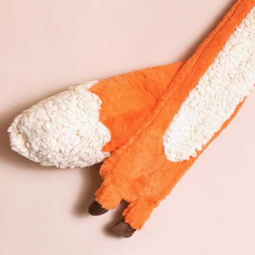 Close up of tail on House of Disaster Secret Garden Long Fox Hot Water Bottle against neutral coloured background