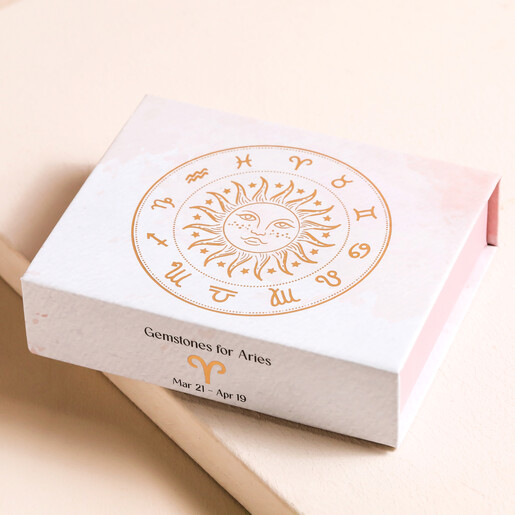 Aries Zodiac Gemstone Set closed inside of box