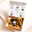 Capricorn Zodiac Gemstone Set in open packaging with gemstones on top of yellow drawstring bag