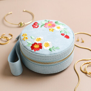 Embroidered Flowers Mini Round Velvet Jewellery Case