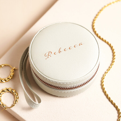 Top of Personalised Rose Gold Script Name Mini Round Travel Jewellery Case in Grey
