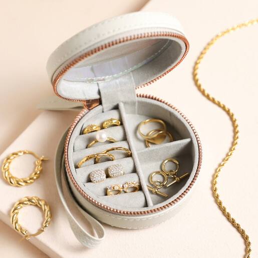 Open Personalised Rose Gold Script Name Mini Round Travel Jewellery Case in Grey