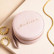 Top of Personalised Rose Gold Script Name Mini Round Travel Jewellery Case in Lilac Pink