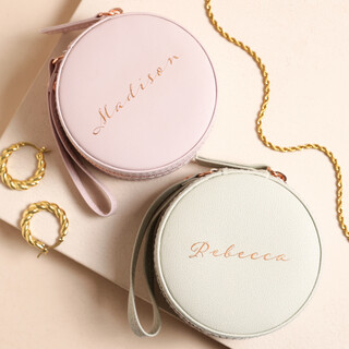 Personalised Rose Gold Script Name Mini Round Travel Jewellery Case