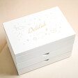 Personalised Celestial White Jewellery Box in Gold Finish on Beige Surface