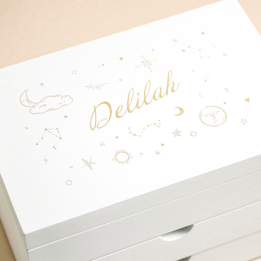 Close Up of Celestial Pattern on Personalised Celestial White Jewellery Box in Gold Finish