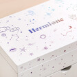Close Up of Pattern on Personalised Rainbow Celestial White Jewellery Box 