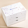 Personalised Rainbow Celestial White Jewellery Box on Beige Surface