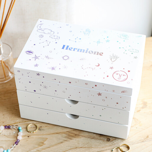 Lifestyle Shot  Personalised Rainbow Celestial White Jewellery Box in Lifestyle Shot