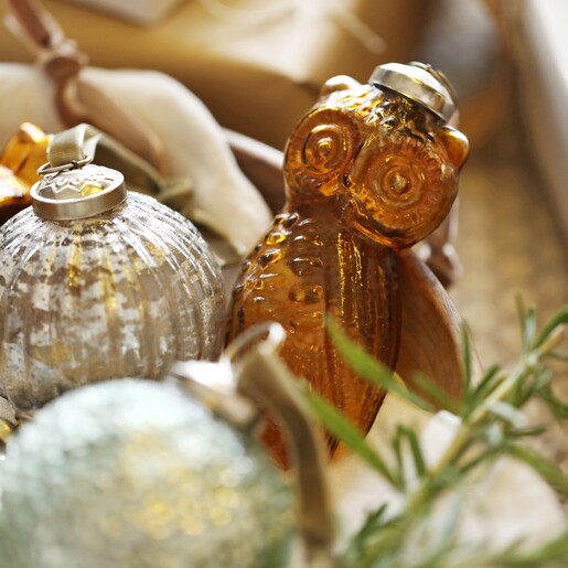 Glass Amber Owl Hanging Decoration Nestled Amongst Other Baubles 
