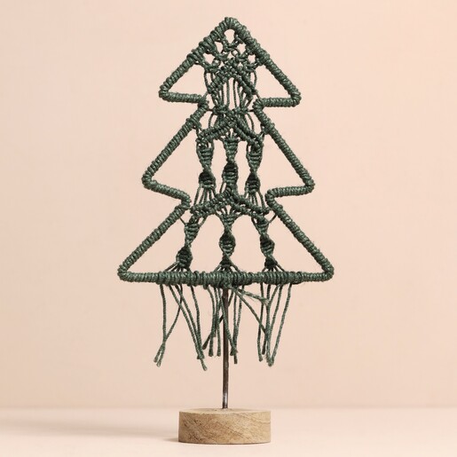 Green Woven Rope Tree Ornament on Beige Background