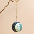 Hand-Painted Winter Moon Bauble hanging from tree branch against neutral background