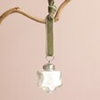 Tiny Silver Star Bauble Hanging off tree branch against neutral background