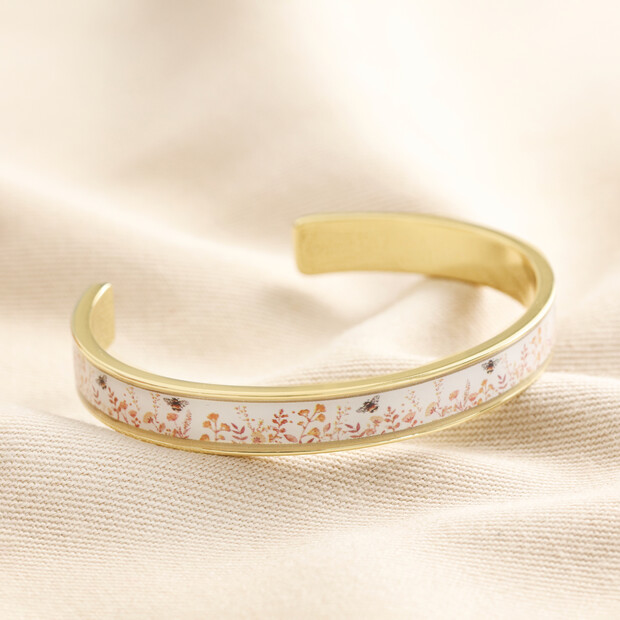 Pink Floral Bee Enamel Bangle in Gold