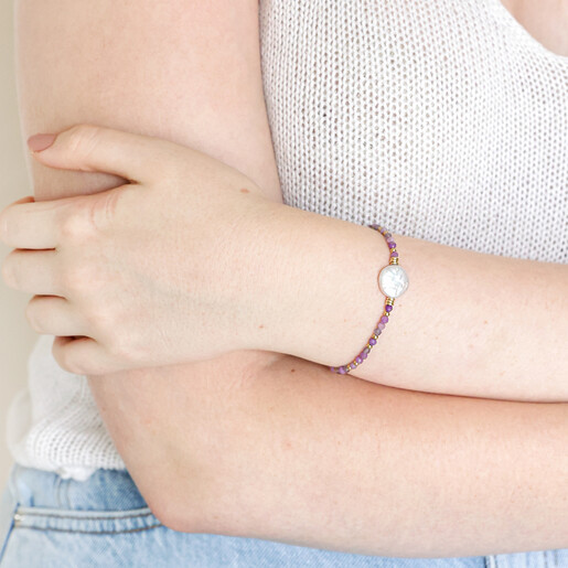 Purple Crystal and Pearl Beaded Bracelet on model with hand on arm