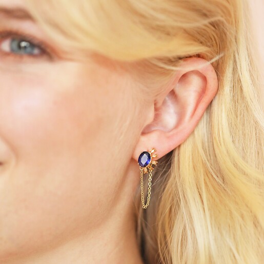 Blue Crystal Sunburst and Chain Stud Earrings in Gold Blue Crystal Sunburst and Chain Stud Earrings in Gold Close Up on Model's Ear