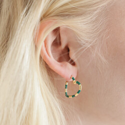 Green Enamel Striped Heart Hoop Earrings in Gold