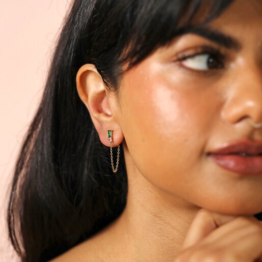 Model Wearing Earrings Green and Pink Crystal Chain Stud Earrings in Gold