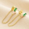 Green and Pink Crystal Chain Stud Earrings in Gold 