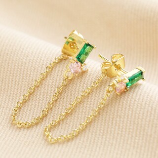 Green and Pink Crystal Chain Stud Earrings in Gold