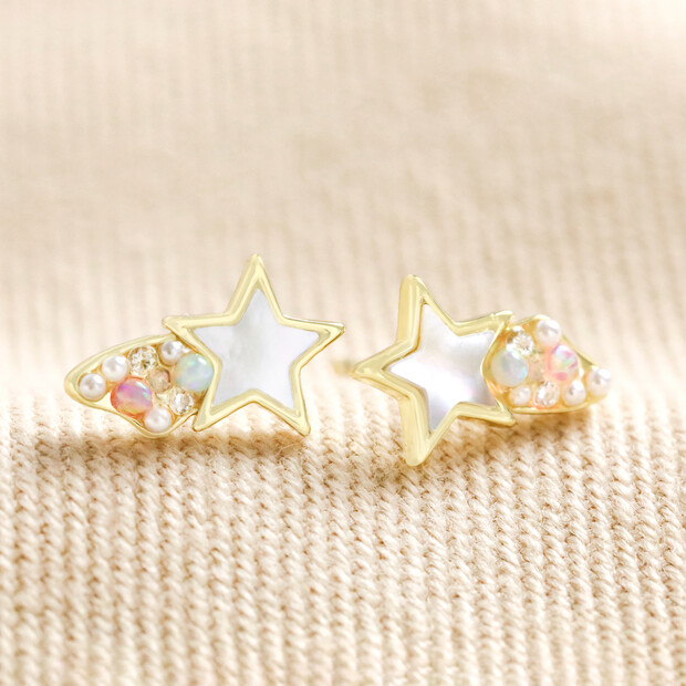 Mother of Pearl Shooting Star Stud Earrings in Gold